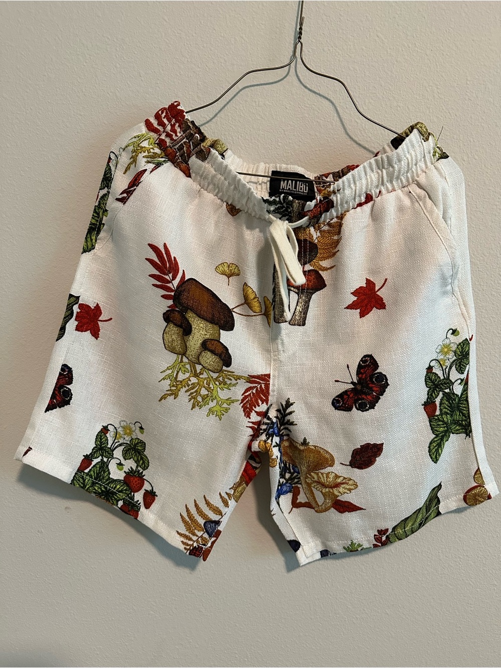 Malibu White Botanical & Mushroom Print Unisex Drawstring Shorts